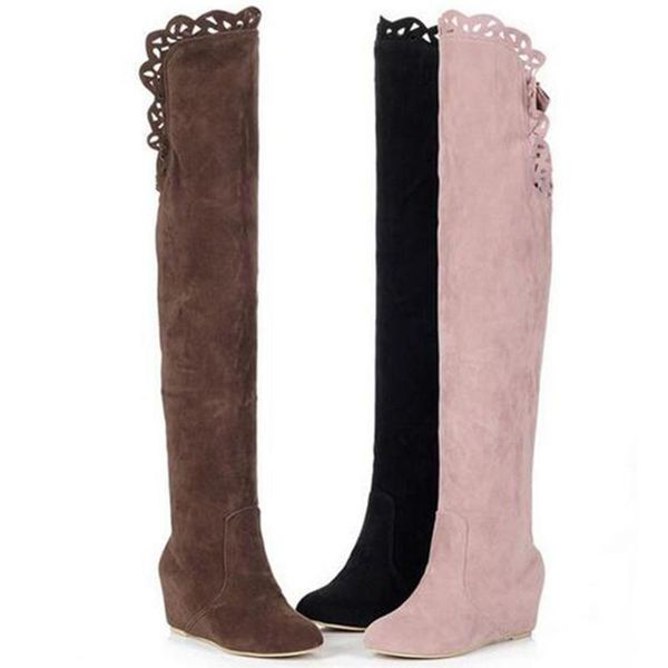 

women's over the knee knight boots lace side fur lined wedge heel slip on shoes, Black
