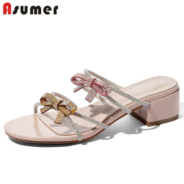 

asumer 2020 new arrive casual party shoes women slipper bowknot crystal square heel comfortable summer slipper ladies big size, Black