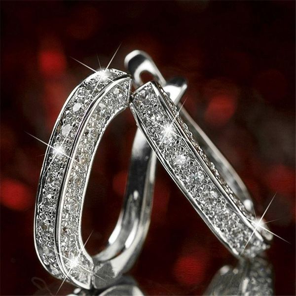 

classic female white crystal hoop earrings statement rose gold color zirconia earrings for women punk hip hop wedding, Golden;silver
