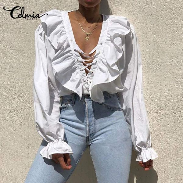 

5xl celmia blouse autumn women flare sleeve v neck shirt fashion lace up ruffled solid blusas ladies party tunic femininas 7, White