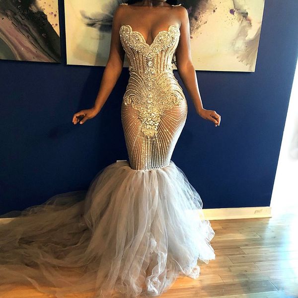 

new chic beading mermaid prom dresses 2020 illusion black girl formal evening dress long train see through party gowns plus size