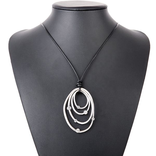 

women necklace fashion zircon geometric pendants necklaces long leather strap chain big pendant necklace for women female, Silver