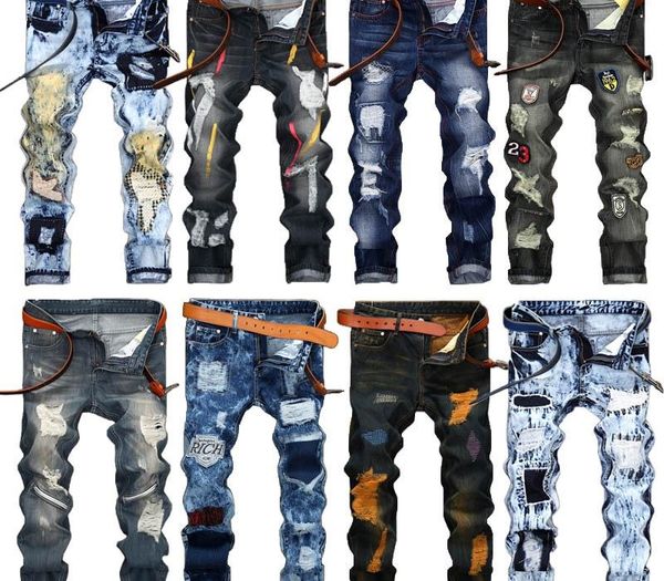 

fashion vintage mens ripped jeans pants slim fit distressed hip hop denim cool male novelty streetwear jean trousers sale, Blue