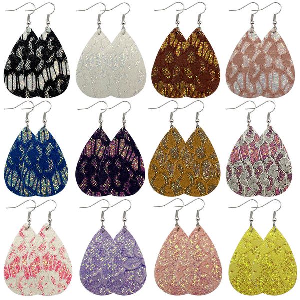 

dangle earrings for women trendy long pu leather glitter sparkly lace shape drop earrings fashion jewelry, Silver