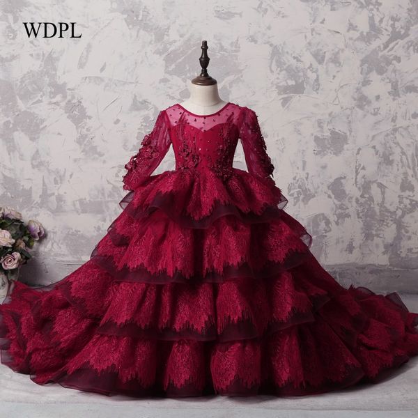 

communie jurk meisje burgundy flower girl dress beaded appliques lace children pageant gowns pyrotechnics 2020 vestido daminha, Red;yellow