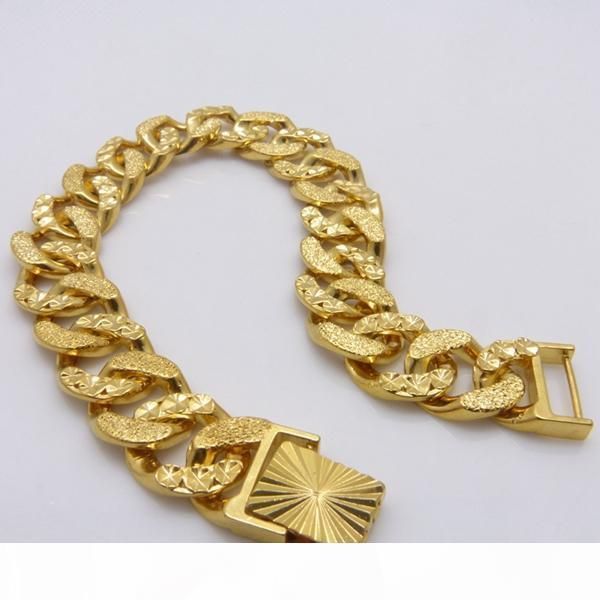 

carved wide wristband chain 24k yellow gold filled mens bracelet chain 8.6, Black