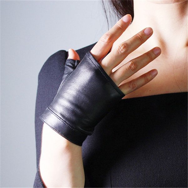 

women leather fingerless gloves black sheepskin half finger short touch screen white lizard animal pattern, Blue;gray