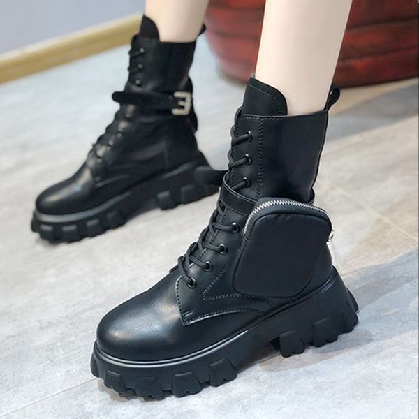 

women shoes flat motorcycle boots zip pu leather platform lace-up ladies clif-calf boots female 2020 autumn fashion new hot, Black