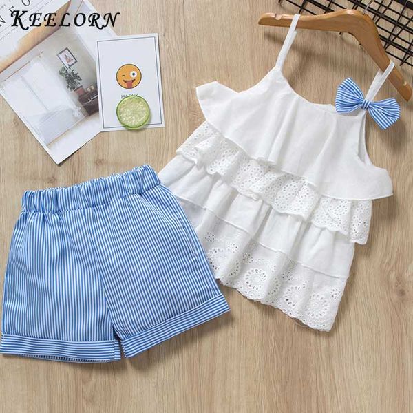 

keelorn girls clothing sets 2020 brand toddler girls clothes kids suit summer casual flowers blue t shirt pants, White