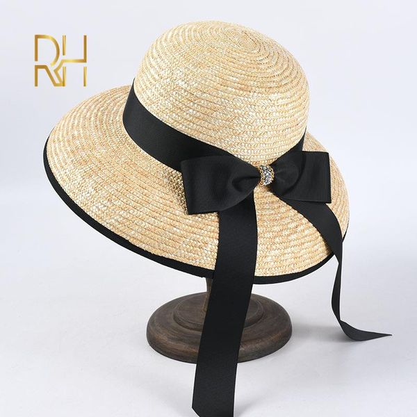 

women natural wheat straw hat black ribbon tie brim boater hat female beach sun cap lady summer wide brim uv protect hats rh, Blue;gray