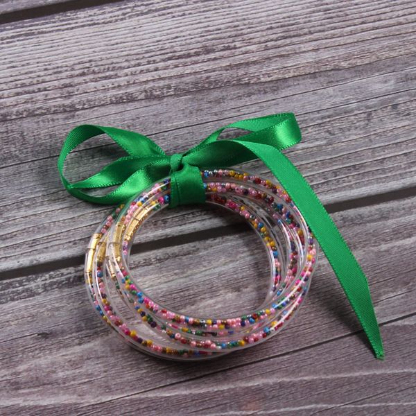 

green all weather bow rainbow bean jelly bangles set stack silicone plastic glitter bangles gifts for women 5pcs/set, Black