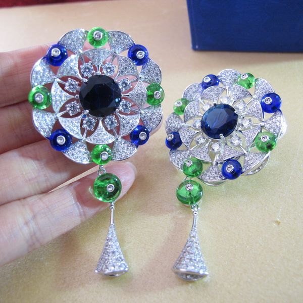 

925 sterling silver earpin big blue cz diamond geometric flower dangle earrings 18k white gold plated women party jewelry, Golden