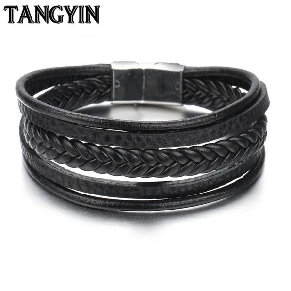 

tangyin multi-layer stainless steel buckle black/brown genuine leather bracelet for men women classic design for surprise gift, Red;blue