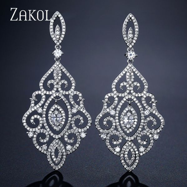 

zakol luxury leaf full micro paved cubic zirconia big drop earrings fashion wedding party jewelry for women fsep2186, Silver