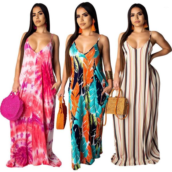 

dress long boho women casual loose spaghetti strap dress beach holiday striped floral v-neck seaside, Black;gray