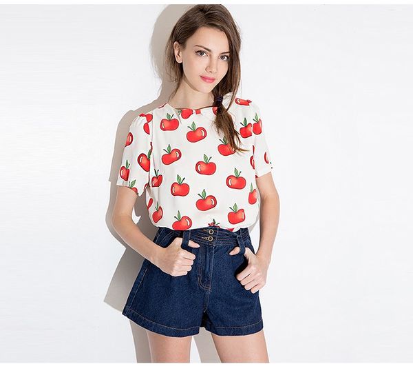 

fresh and cute sweet style blouse apple pattern short sleeve t-shirt, White