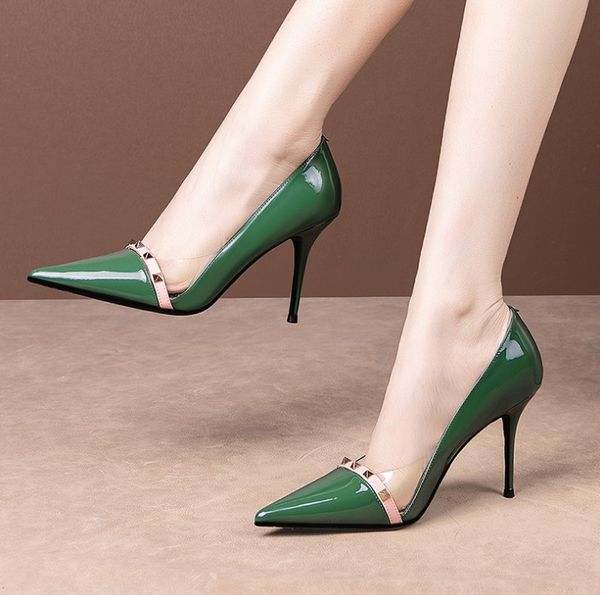 

9cm patent leather heels shoes pointed toe rivet super high heels green pumps women dress shoes stilettos, Black