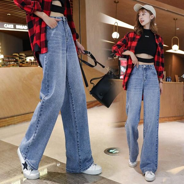 

#3168 spring autumn korean style loose wide leg jeans women high waisted casual straight jeans femme casual ladies denim, Blue