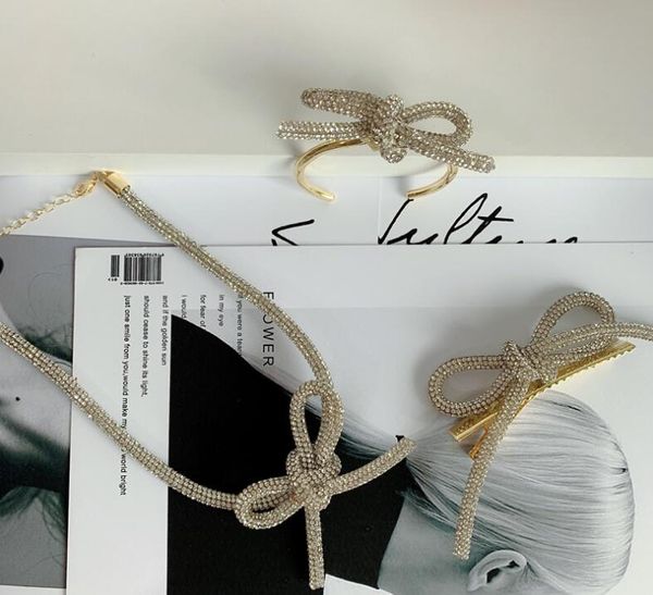 

ins flash rhinestone bow ribbon special full gem duck clip clavicle chain bracelet jewelry set, Silver