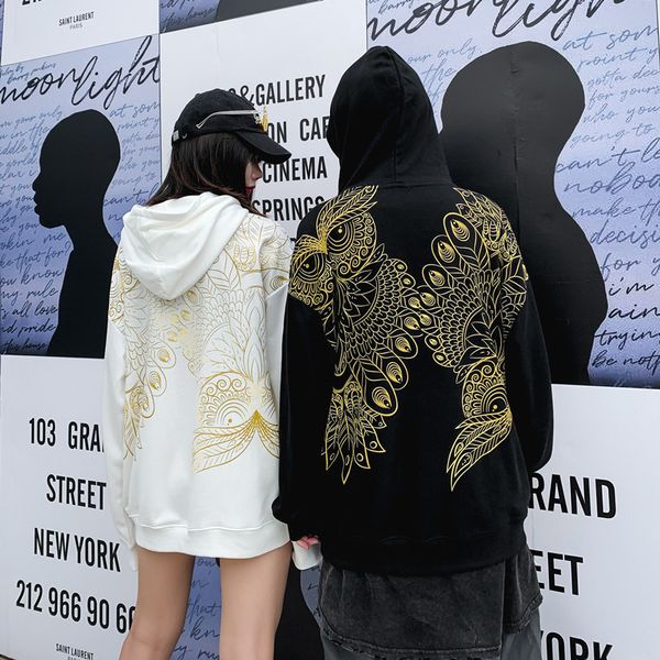 

guochao chinese wind owl print loose hooded sweater lovers male and female hip-hop bf tide brand lazy hoodie, Black