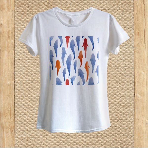 

blue and orange fish t - - shirt 100% cotton women new funny tee shirt