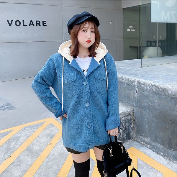 

plus size women's wool lamb coat short jacket hooded winter outfit dza036, Black