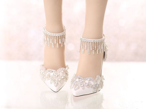 

large size 42 43 tassel crystal wedding shoes women high heels sandals thin heel pointed white bride shoes luxury diamond, Black