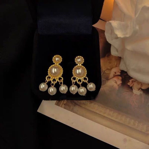 

retro design pearl tassel long drop earrings gold metal dangle earring for women girls party korea jewelry 2020 aretes de mujer, Silver