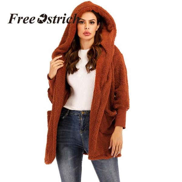 

ostrich cardigan coat women winter warm faux fur coat pockets overcoat hooded outerwear 2020 fashion long loose coats women, Black