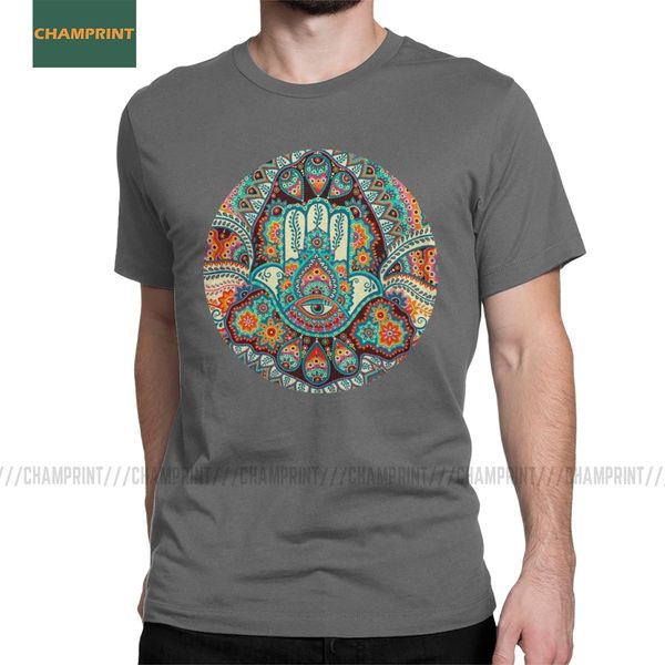

novelty hamsa hand mandala t-shirt men cotton t shirt geometry watercolor chic flower spiritual short sleeve tee shirt plus size
