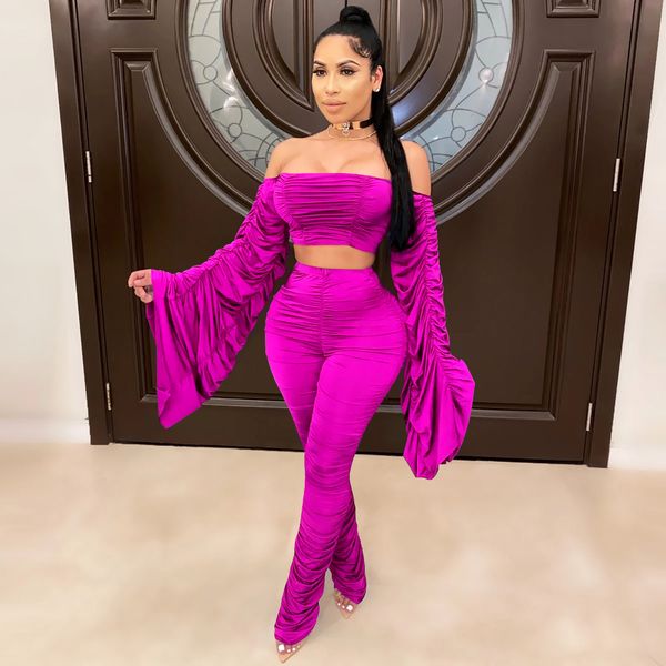 

stacked womens two piece sets summer slash neck outsuits solid color slim high waist women clothing, White