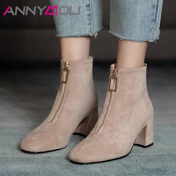 

annymoli high heel ankle boots woman boots chunky heel shoes zip round toe female short autumn winter black large size 43