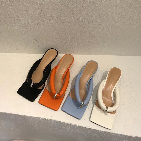 

women square clip toe rhinestone fashion women sandals slippers slip on thin high heels slides casual slippers pumps shoes, Black