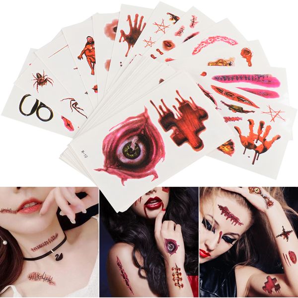 

30pcs/sheet 3d halloween temporary tattoos blood injury scar spider water transfer fake stickers decorations makeup body art