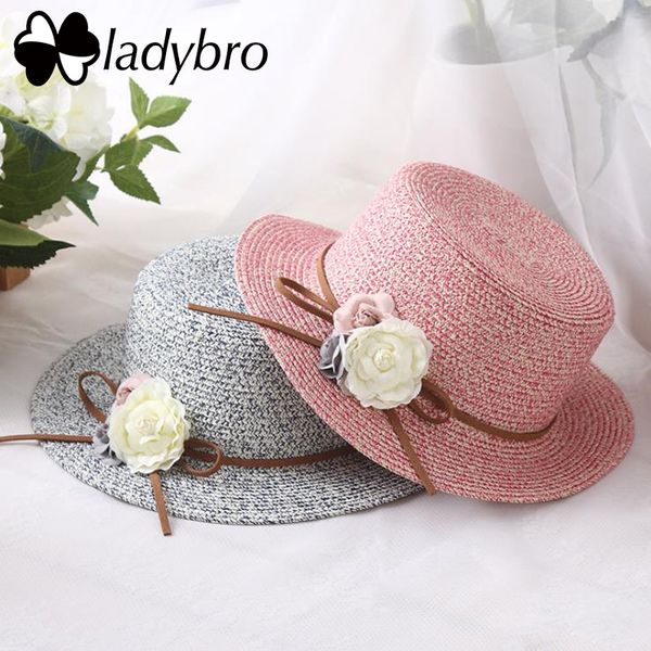 

wide brim hats ladybro summer beach straw hat for women sun female elegant flower boater flat lady fashion travel visor cap, Blue;gray