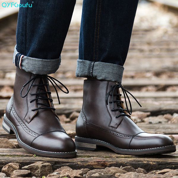 

qyfcioufu 2020 handmade британского стиль vintage сапог из натуральной кожи мужских лодыжек коротких сапог high top узелок добычи обувь, Black