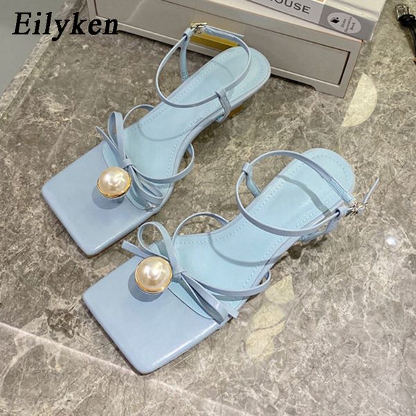

eilyken fashion pearl decoration clip toe square toe ankle buckle strap sandals 2020 summer women low heels party dress shoes, Black