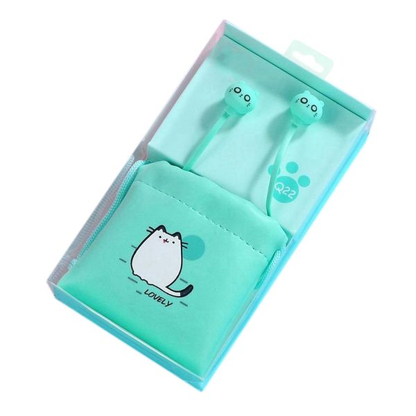 

cute cat wired earphone with mic stereo earbuds with earphone case for mobile phone(green
