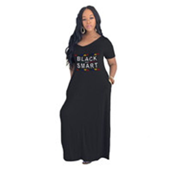 

women's dress pocket letters loose v-neck fashion dress plus size new european and american with letter printed women dress 3 colors, Black;gray