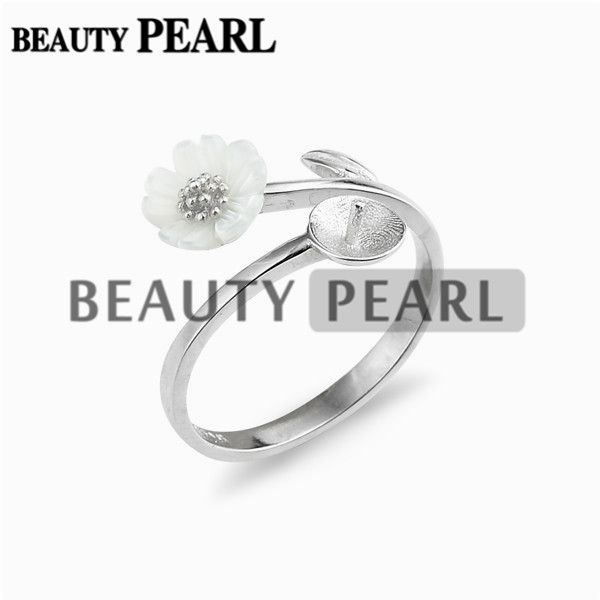 

flower semi mount ring settings for pearls white shell floral design 925 sterling silver 5 pieces, Slivery;crystal