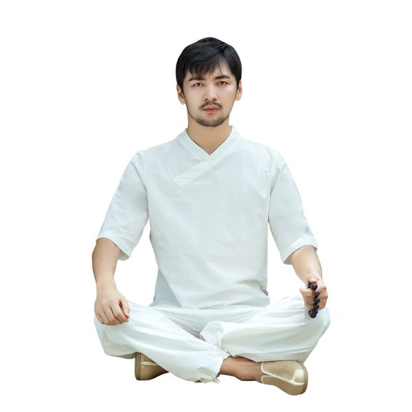 

men yoga wear cotton linen loose wide leg yoga pants martial arts tai chi uniform meditation suit casual set sportswear, White;red
