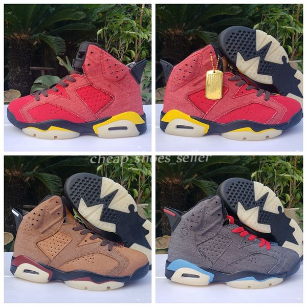 

2020 new mens jumpman 6 washed denim 6s basketball shoes dark grey brown red jeans sports men sneakers trainers size us7-13, White;red