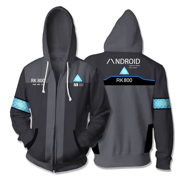 

3d printed hoodie game detroit: become human rk800 connor cosplay zip up hooded jacket sweatshirt hoody streatwear coat, Black
