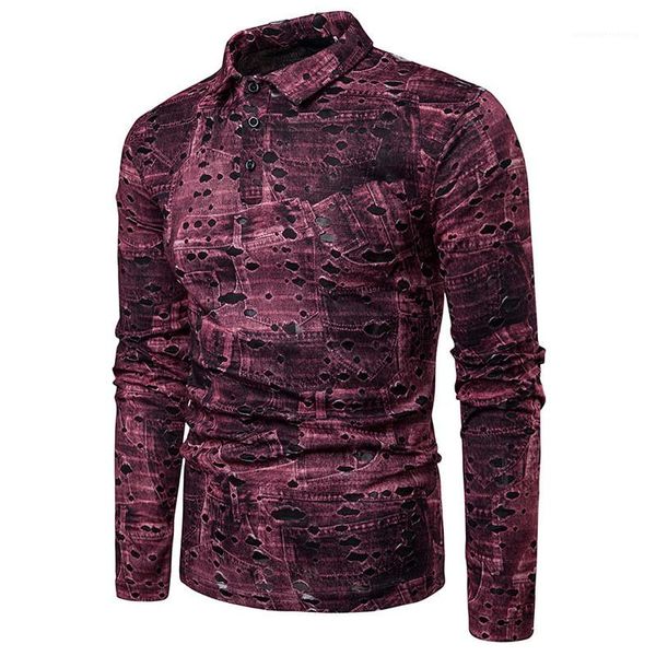 

polos fashion hole pattern printed long sleeve lapel neck polos shirts vintage style mens spring mens designer, White;black