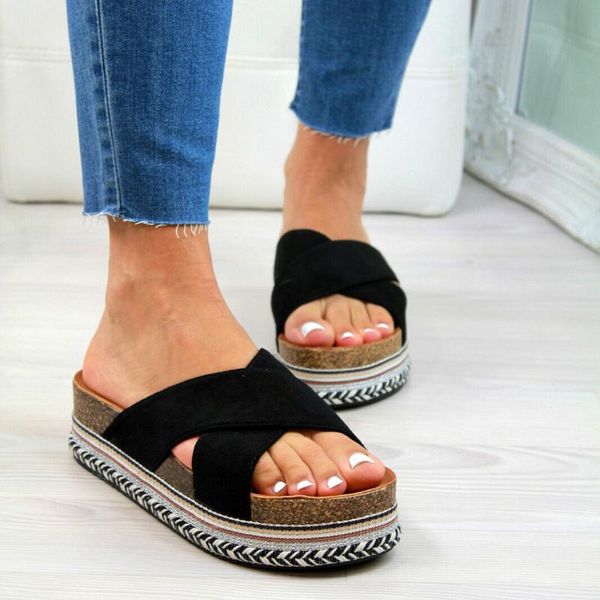 

vrouwen wiggen slippers zomer mid hakken platform bling wit schoenen weave pailletten cross strap chaussures femme sandalia, Black