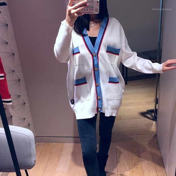 

v neck sweaters cardigan long sleeve button pocket female clothing fashion casual apparel womens autumm designer, White;black