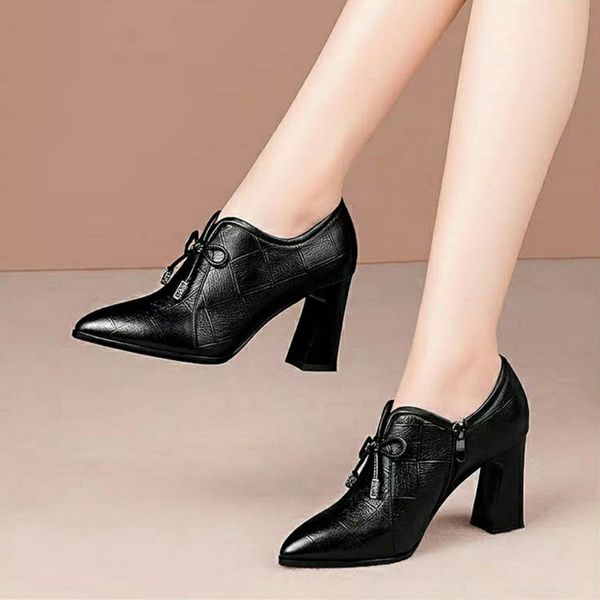 

dress shoes 2021 fall deep high heels woman leather women pumps pointed toe femal footware for female block heel black