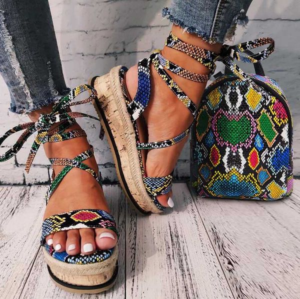 

dress shoes sarairis wedges heels fashion 2021 plus size 43 wholesale shoelaces multi snake printed summer ins women sandals, Black