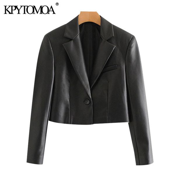 

kpytomoa women 2020 fashion faux leather cropped blazers coat vintage notched collar long sleeve female outerwear chic, White;black