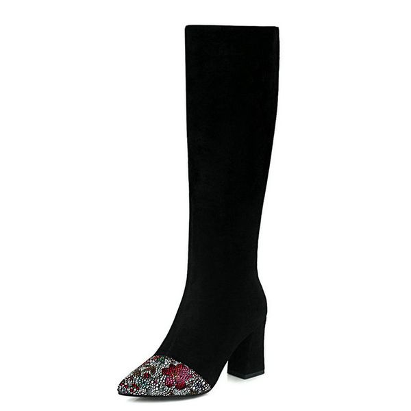 

2020 women flock knee high boots square heel pointed toe women fashion boots autumn winter lady shoes big size 34-43, Black